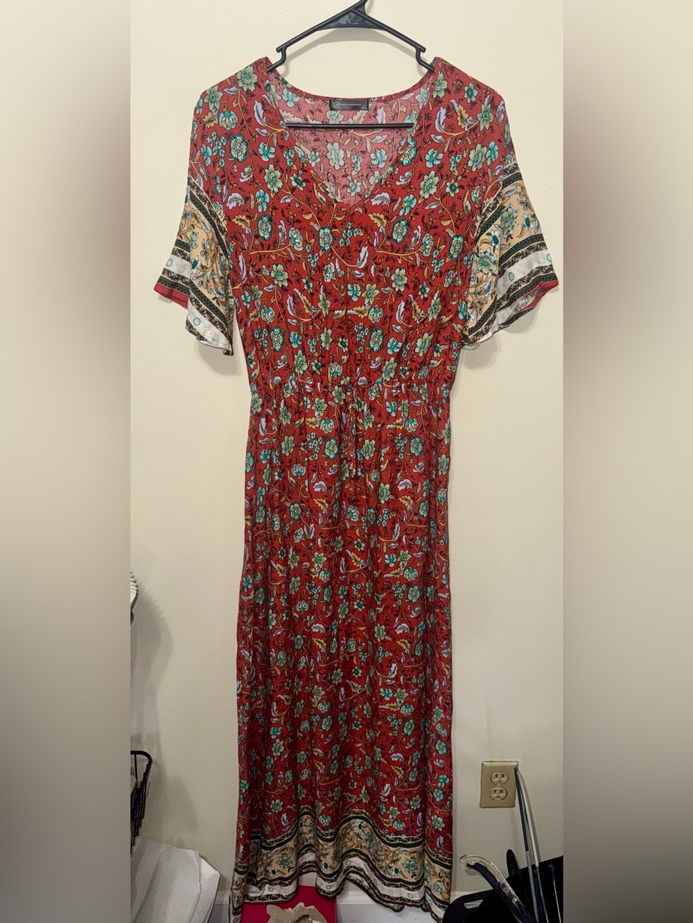 Red Floral Bohemian Midi Dress